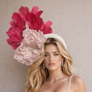 Statement Pink Floral Feather Fascinator Beaded Headband Headwear Ky Derby Oaks